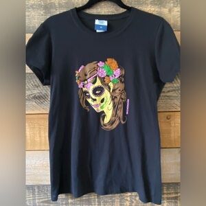 Michoacan Mexico Day of the Dead Art Girl Skull Round Neck T Shirt Size L